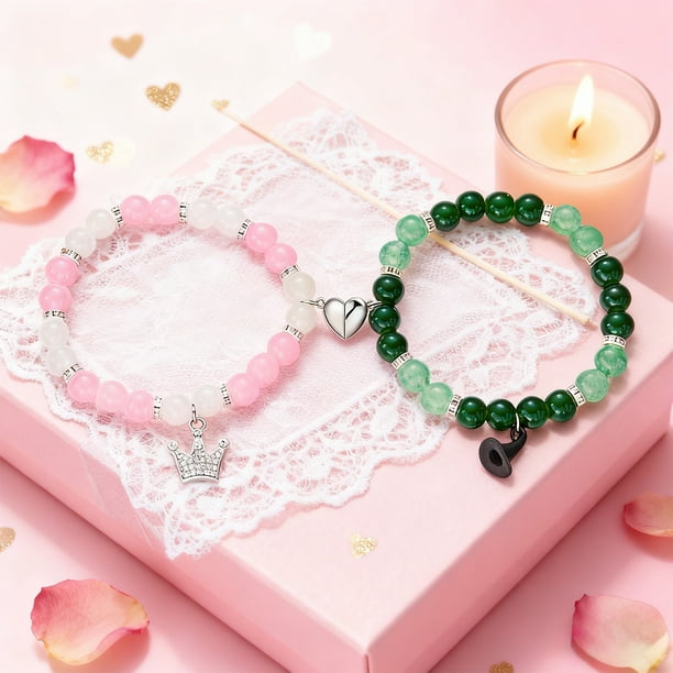 Pulseras de pareja con temática de San Valentín. Linda pulsera magnética ajustable para pareja. Regalo ideal para San Valentín. Pulsera de metal.