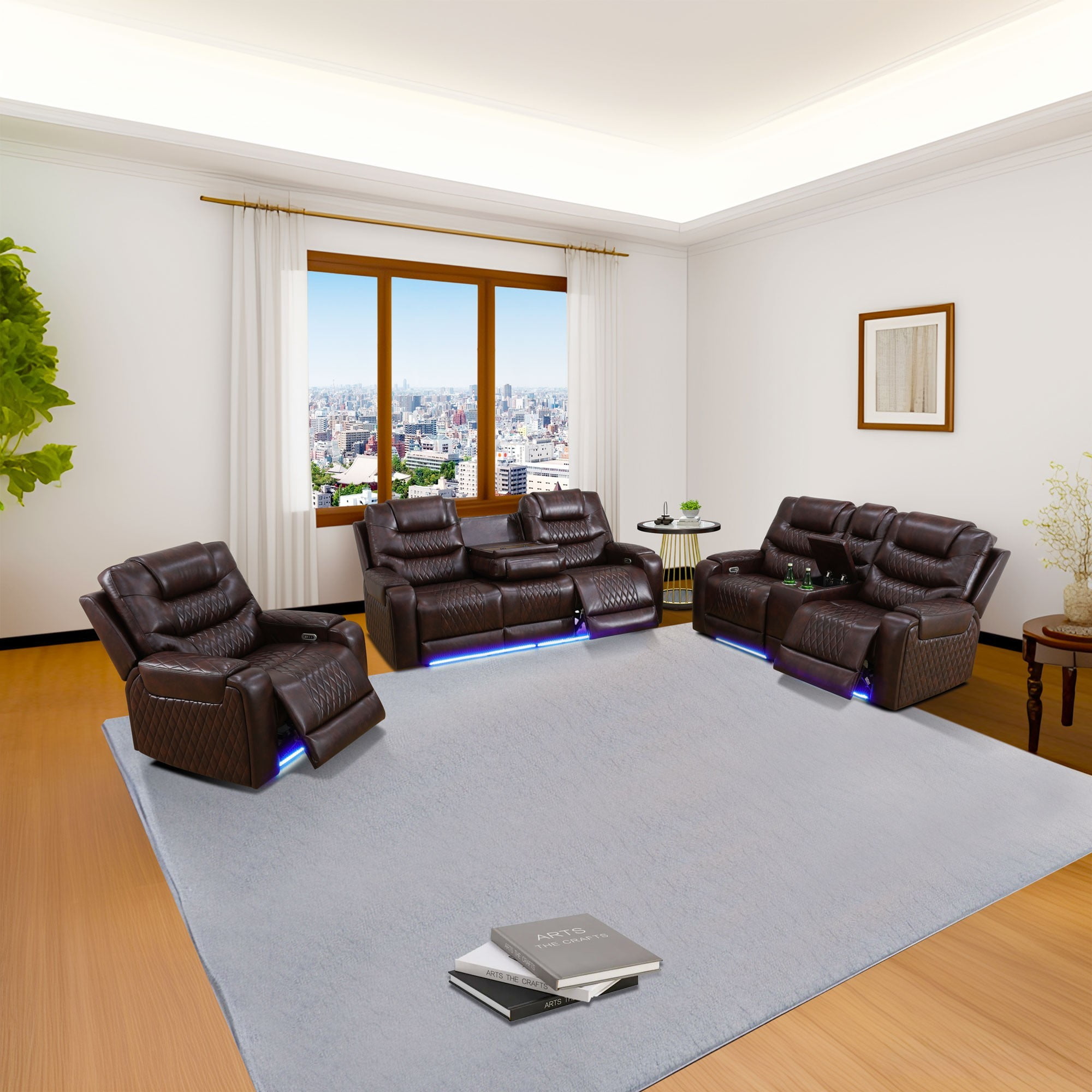 Gewnee Air Leather Power Recliner Sectional , Loverseat and Sofa Couch with LED, USB Port&Cup Holder for Living Room