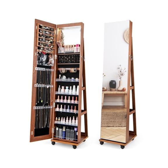 Furnibear 64 Inches Lockable Jewelry Cabinet Armoire with Built, Brown - Freestanding Organizer with Velvet Lining