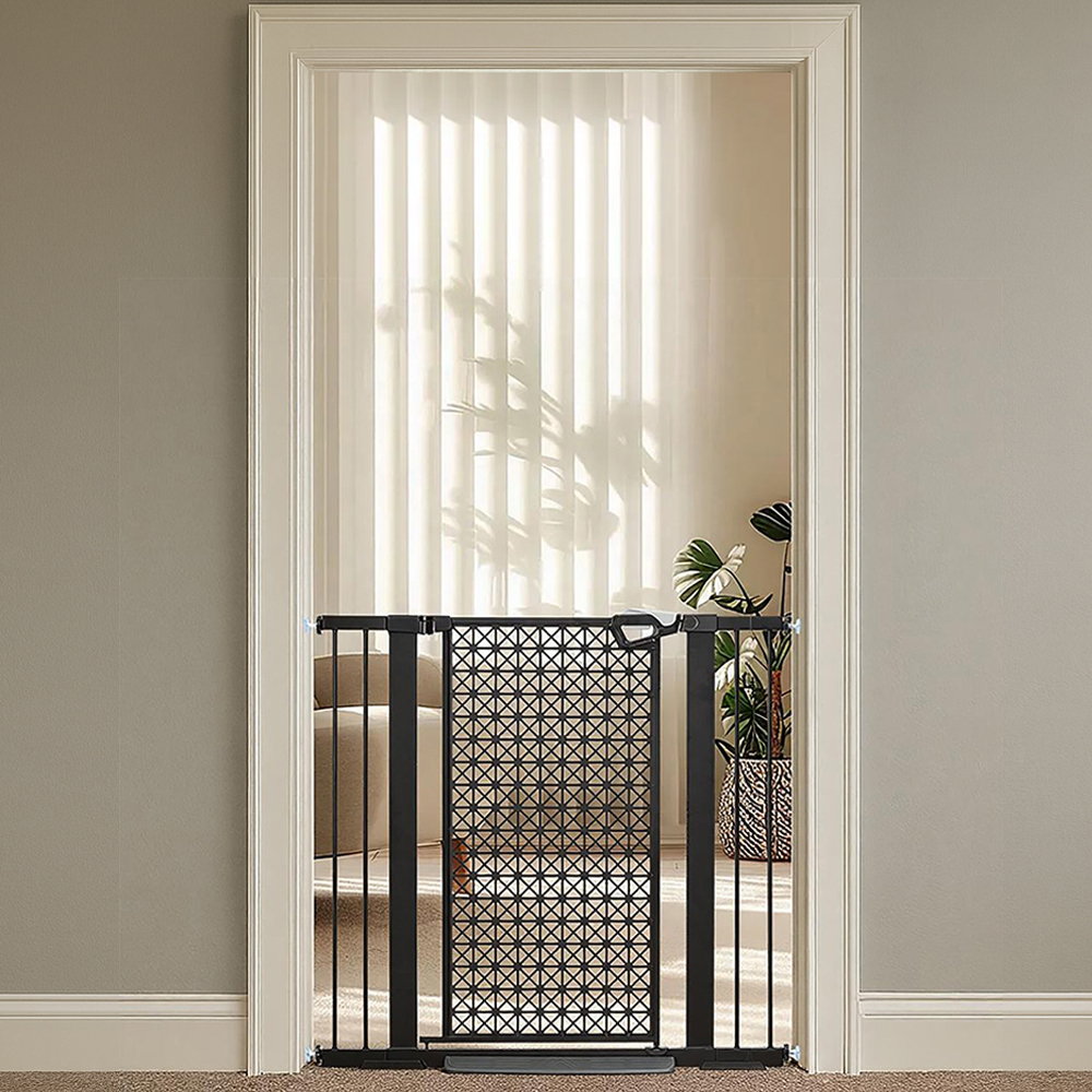 Unipaws 39.4” Tall Pressure Mounted Pet Gate, Fits 29-43 Inches Wide Dog Gate with 2.8" & 5.5" Extensions and Auto-Close and Hold-Open Door, No Drill, Black Geometric Design
