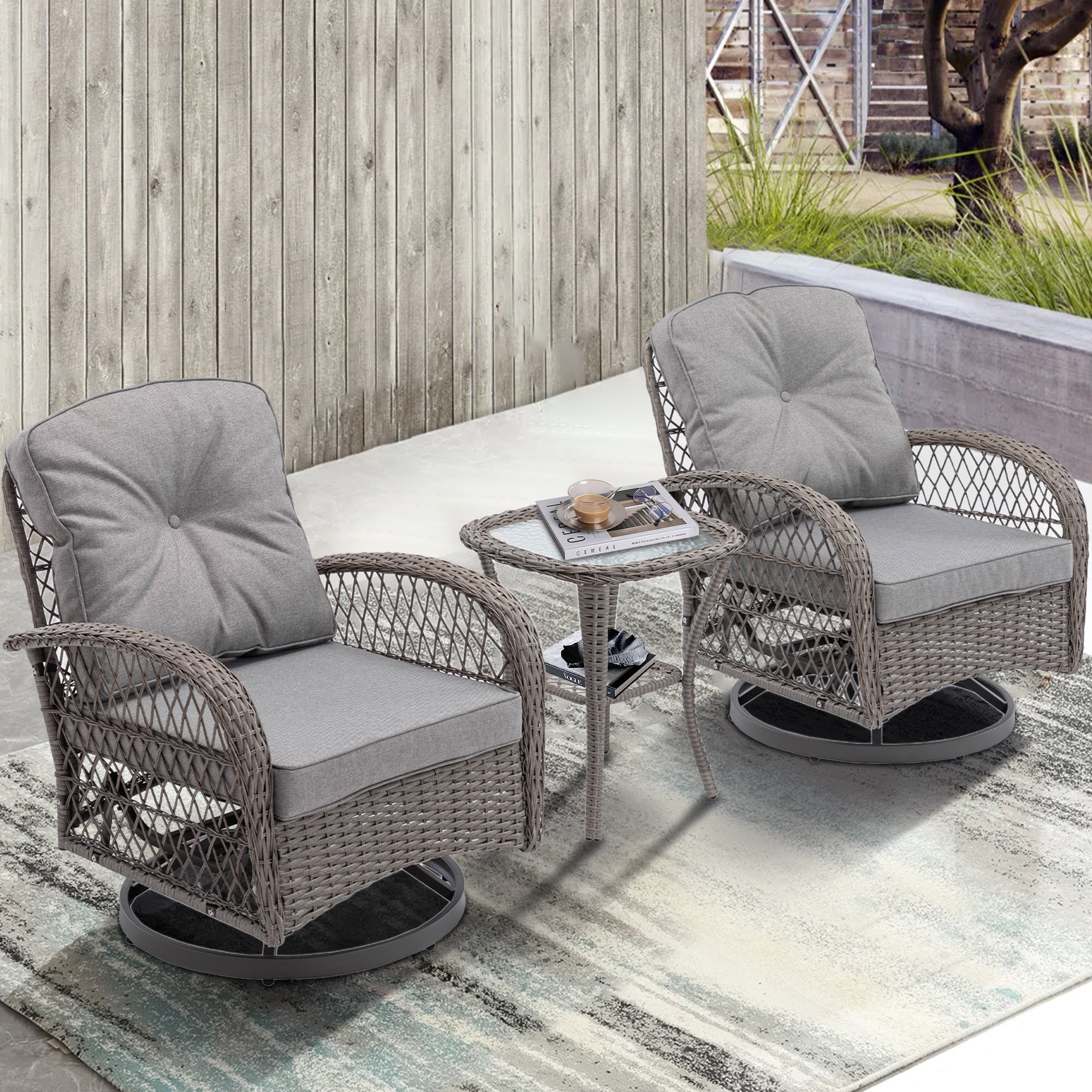 Patio Furniture Rocking Chairs Set, 3 Pieces Rattan Outdoor Furniture Cushioned, Patio Conversation Swivel Glider Rocker with Swivel Glider Rocker, Gray