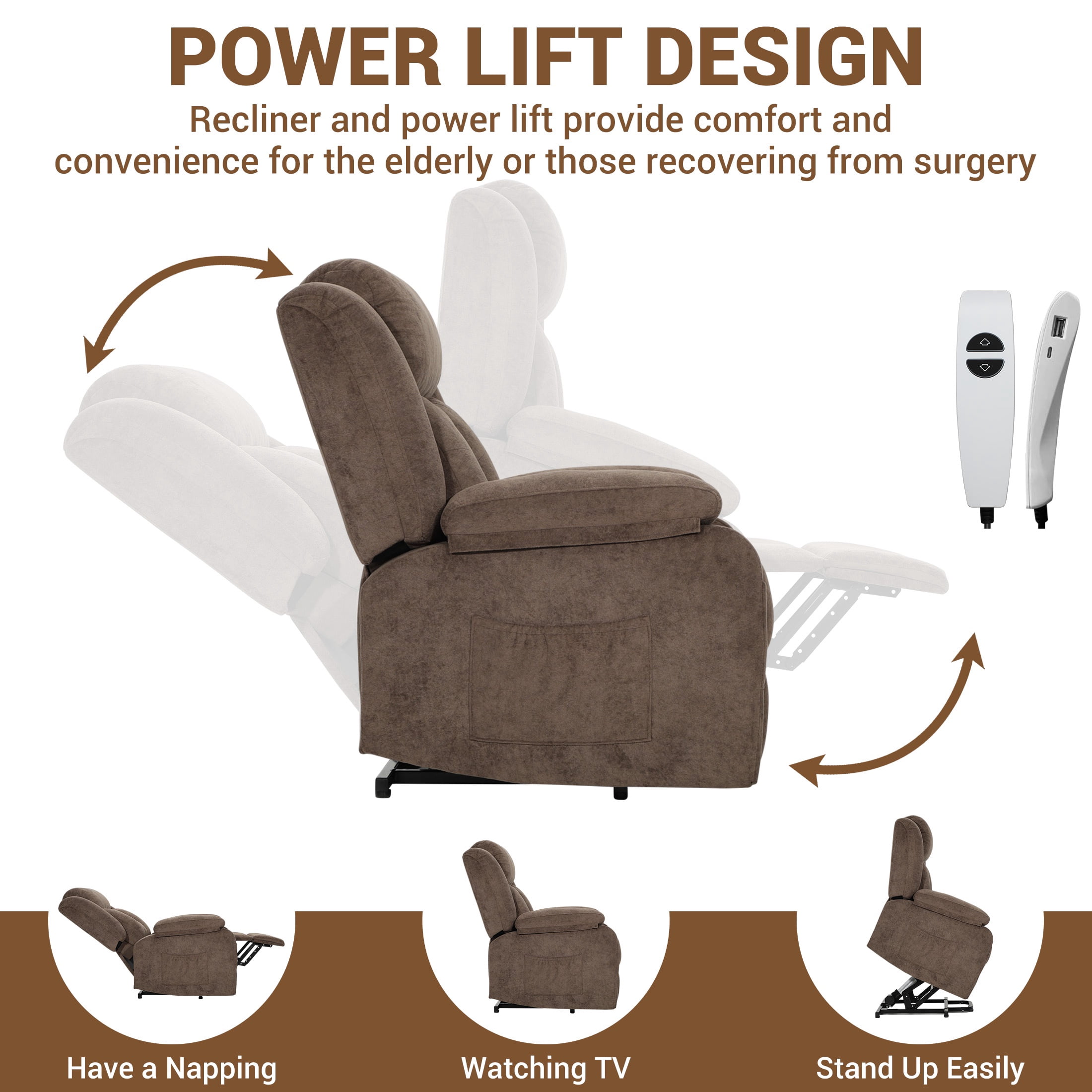HSUNNS Power Lift Recliner Chair for Elderly, Overstuffed Wide Recliners for Adults, Heavy Duty Recliner Sofa and Safety Motion Reclining Mechanism, 45°-135° Recline, 350lb Capacity, Brown
