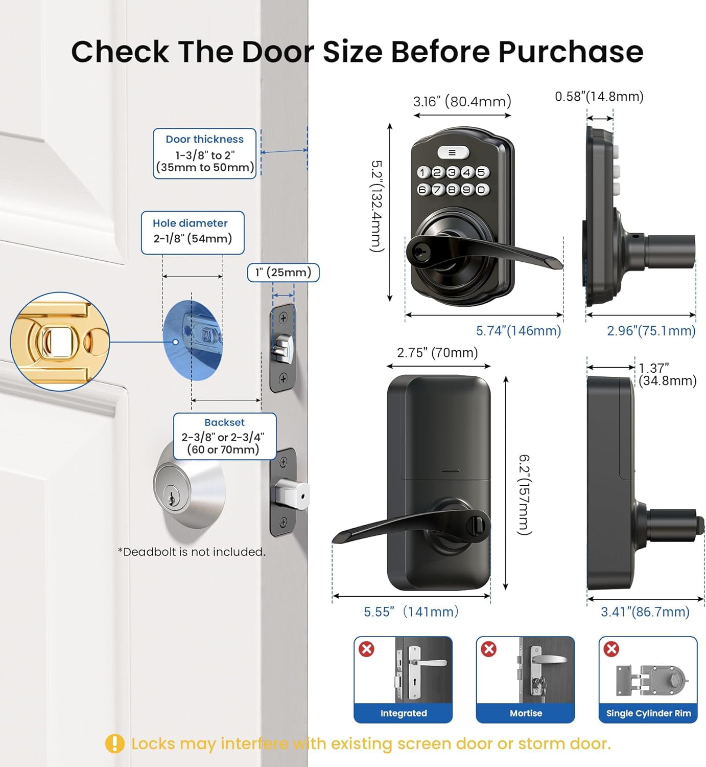 Veise Keypad Door Lock with Handle, Keyless Entry for Bedroom, Electronic Lock with Code, Auto-Locking, Easy Installation, Matte Black