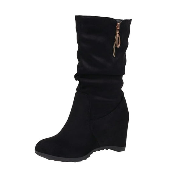 PEASKJP Women's Soft Boots Mid Calf Chunky Heels Patent Leather Boots,Black 38