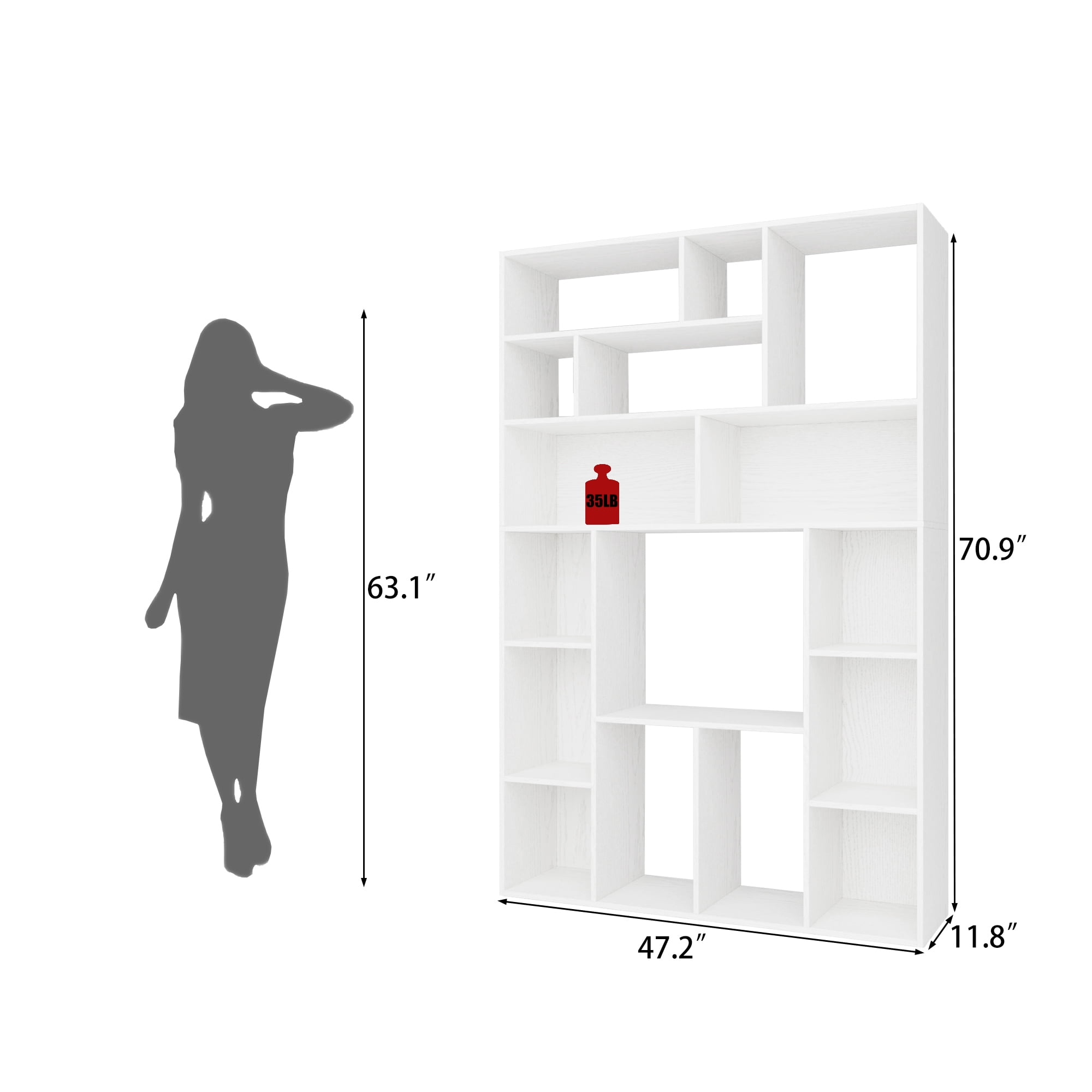 BOSHIRO 6 Tier Bookshelf, 71 in Tall Bookshelf with 16 Open Display Shelves, Large Bookcase for Office Living Room, White
