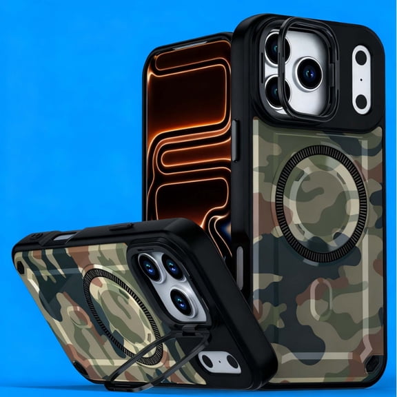 For iPhone 17 Pro Max Phone Case,With Contractile Lens Ring Kickstand,Compatible with Mag-Safe,Heavy Duty Shockproof Anti-fall Drop Protection,Camouflage Pattern Back,Durable Phone Case,G
