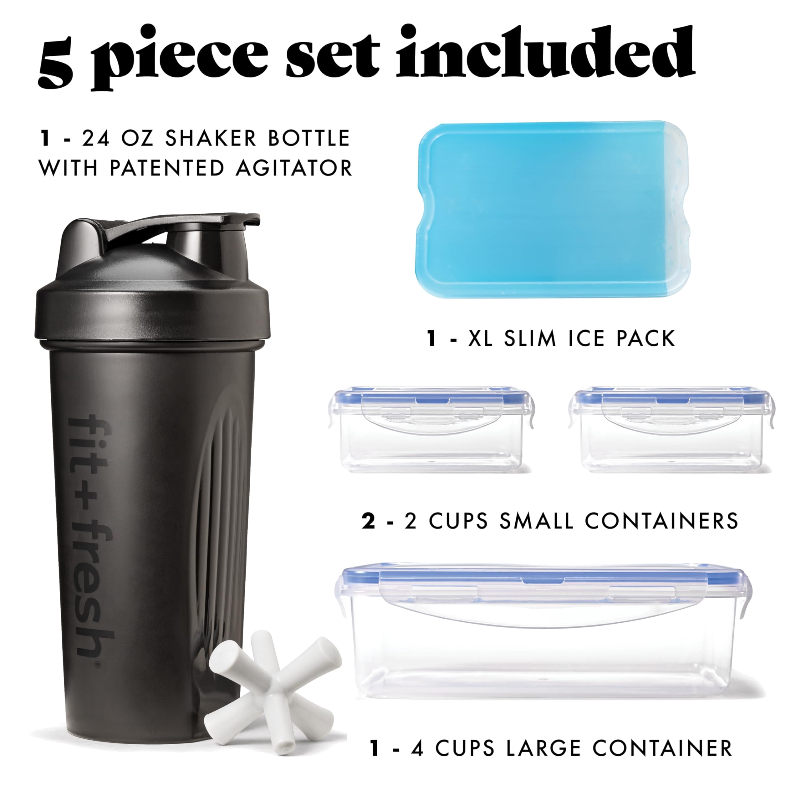 Fit + Fresh 6 pc Meal Prep Lunch Box With Containers, Ice Pack, and Shaker Bottle For Adults, Black