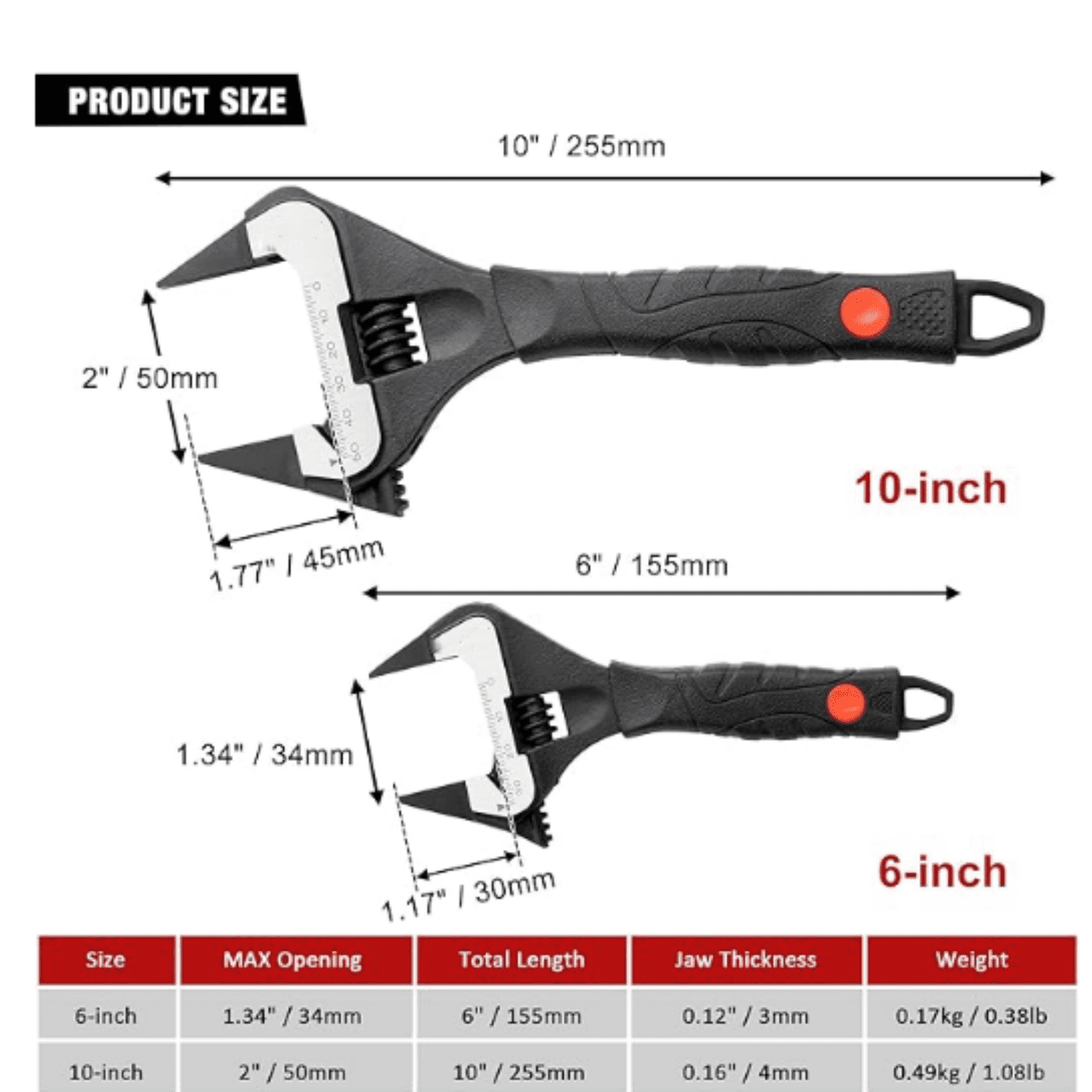 Slim Adjustable Wrench Set, 6" & 10" Wide Jaw Opening, Dual Scale With Metric and SAE Plumbing Wrenches, Deep Jaw With Soft Grip Handle