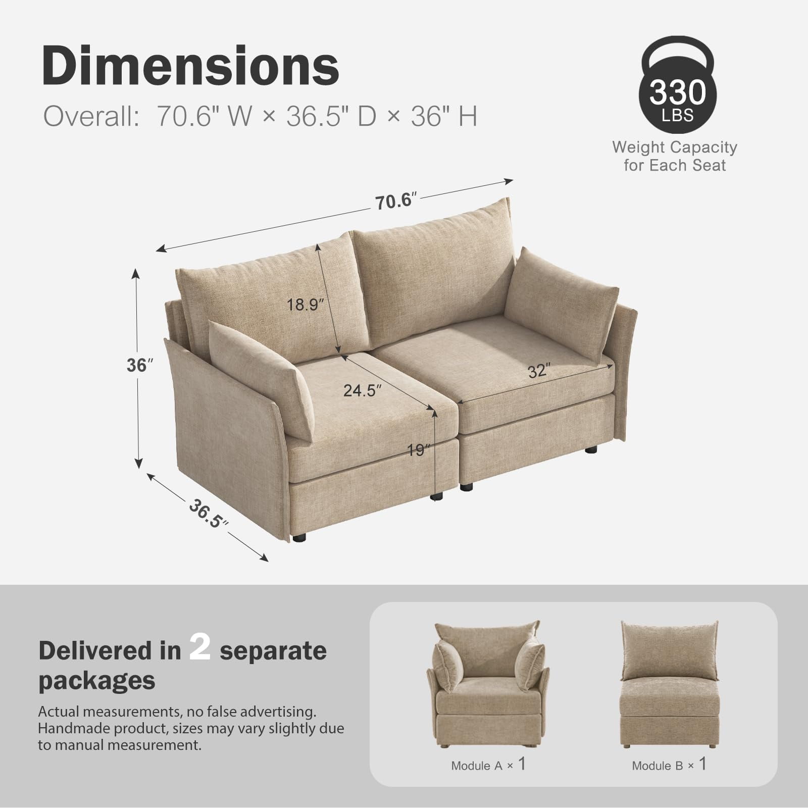 CDCASA Modern Loveseat Sofa, 2 Seater Chenille Sectional Sofa Couch with Deep Seat, Upholstered Couches for Living Room, Beige