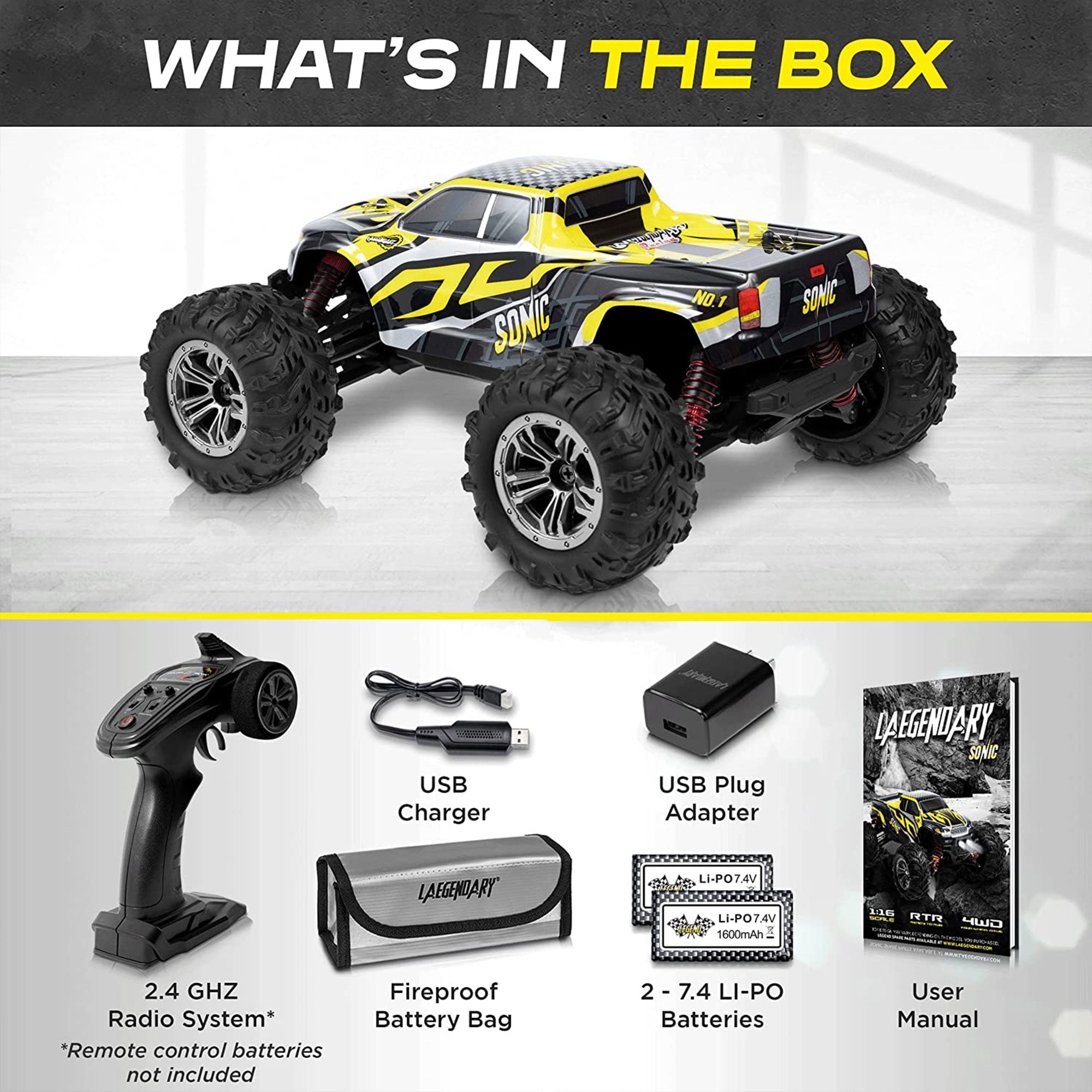 LAEGENDARY Sonic 1:16 Scale RC Off-Road Car, Up to 25 MPH, Black/Yellow