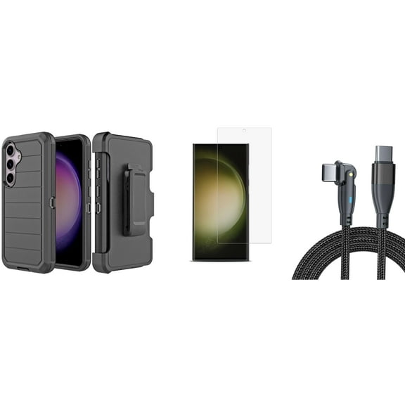Heavy Duty Cover Bundle for Samsung Galaxy S24 Case with Belt Clip Holster, Glass Screen Protector, USB C Cable - Black