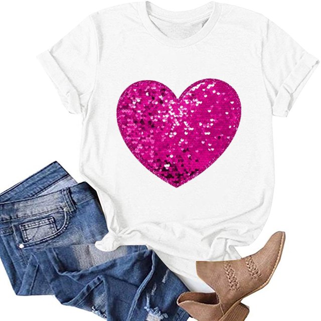 TIMIFIS Hauts à Manches Courtes pour la Saint-Valentin pour Femmes Mode Décontractée Col Rond Imprimé Cœur d'Amour T-Shirt d'Été Ample Col Rond