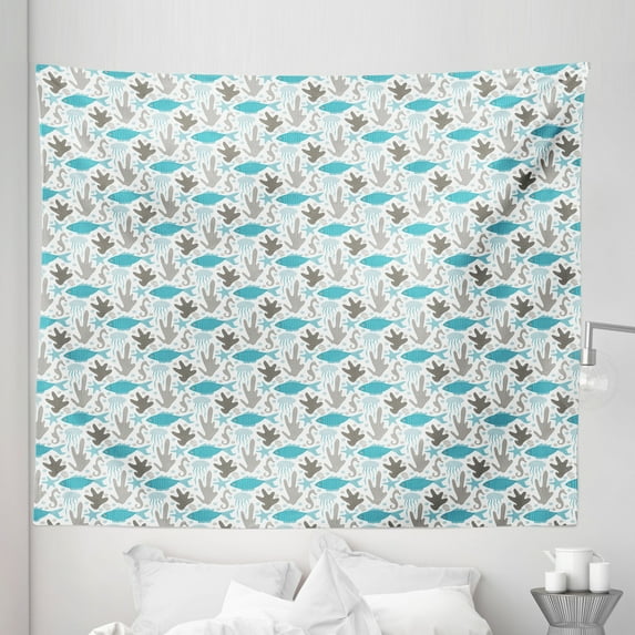 Ocean Theme Tapestry, Treasures of the Hidden Seas Underwater Life Animals Repetition, Fabric Wall Hanging Decor for Bedroom Living Room Dorm, 5 Sizes, Taupe Grey and Sky Blue, by Ambesonne