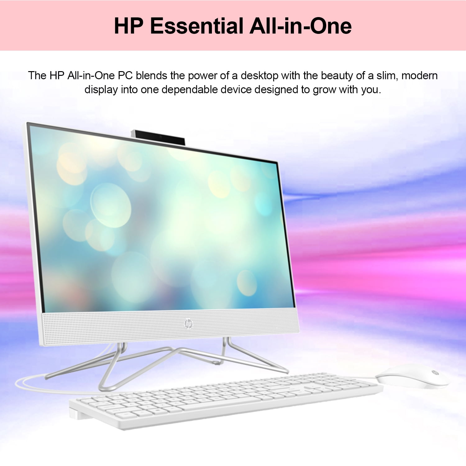 HP Essential All-in-One, 21.5" FHD Display, Intel Celeron J4025, 12GB RAM, 256GB SSD, HDMI, Webcam, Wired Keyboard & Mouse, Wi-Fi, Windows 11 Home, White