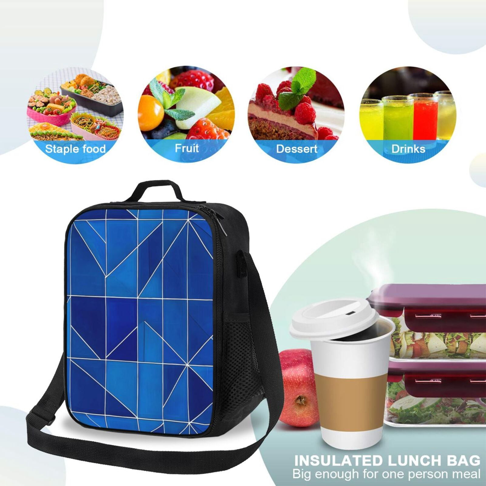 Thermal Insulation One Shoulder Portable Bento Bag Can Be Reused 8×10.5in For Carrying Drinks Bento Box Fruit Snacks Darkgray Geometric Patterns_3