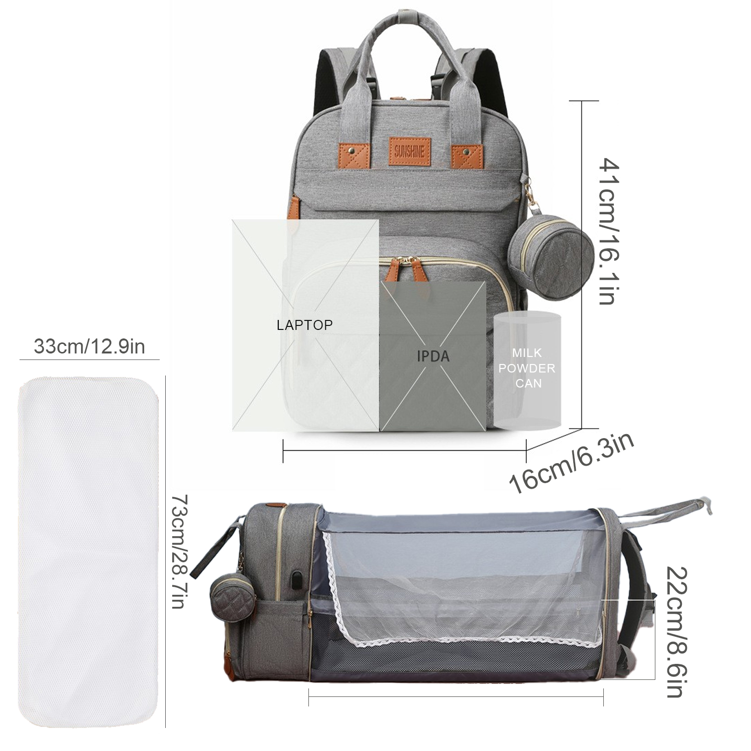 Diaper Bag Backpack – Large Capacity Baby Diaper Bag with Changing Pad, Waterproof Travel Backpack for Boys & Girls, Multi-Function Baby Bag with USB Charging Port, Grey