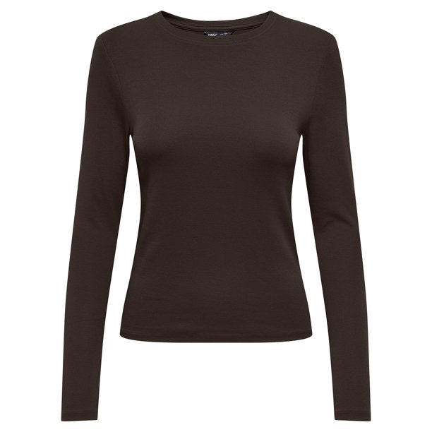 ONLY Camiseta de manga larga para mujer - ONLRILEY O-NECK TOP, manga larga, cuello redondo, algodón elástico Marrón oscuro S (Small)