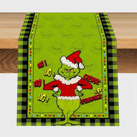 JOOCAR Christmas Table Runner, Green Black Buffalo Plaid Christmas Green Grinch Red Christmas Hat Christmas Table Runner, Suitable for Christmas Kitchen Dining Table Table Holiday Decoration