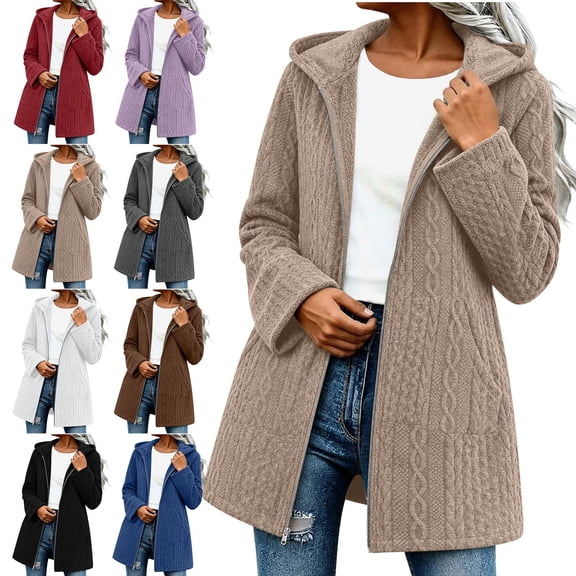 Women's Fleece Lined Jackets Hooded Cable Textured Zip Front Mid Length Coat Plush Coats for Women Beige XL