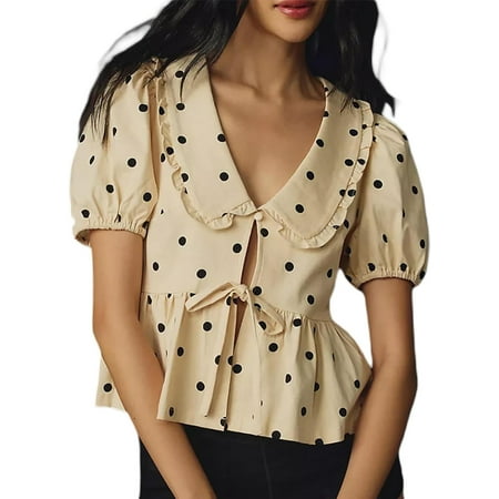 QIUYI Women Plaid Ruffle Crop Top Puff Short Sleeve V Neck Peplum Blouse Y2k Tie Up Cute Open Front Babydoll T Shirt