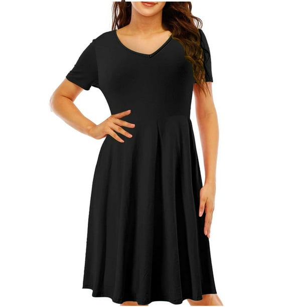 Vestido de verano de color sólido con cuello en V y manga corta cómodo para mujer Pompotops ghjkhdj15861