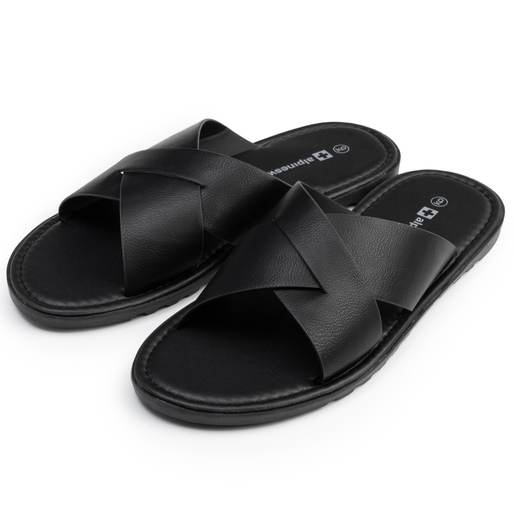Alpine Swiss Hugo Mens Vegan Leather Slide Sandals Dressy Comfy Indoor Outdoor Shoes Cross Strap Design for Casual Elevated Wear Anti-Slip Flip Flops
