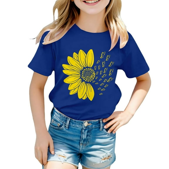 PINQI Girls Summer Sunflower T Shirt Cute Flower Graphic Kids Short Sleeve Tops Crewneck Loose Tee Casual Basic Tshirt