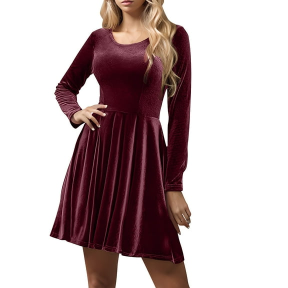 hotojiny Womens Velvet Cocktail Dress Elegant Cocktail Party Dresses Long Sleeve Comfy Soft Crewneck Flowy Dress