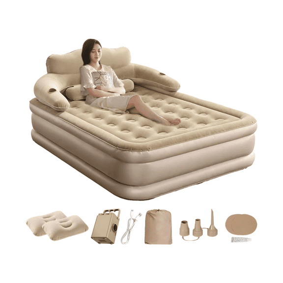 Colchón Inflable Queen Con Bomba De Aire Eléctrica Respaldo Malubero Beige