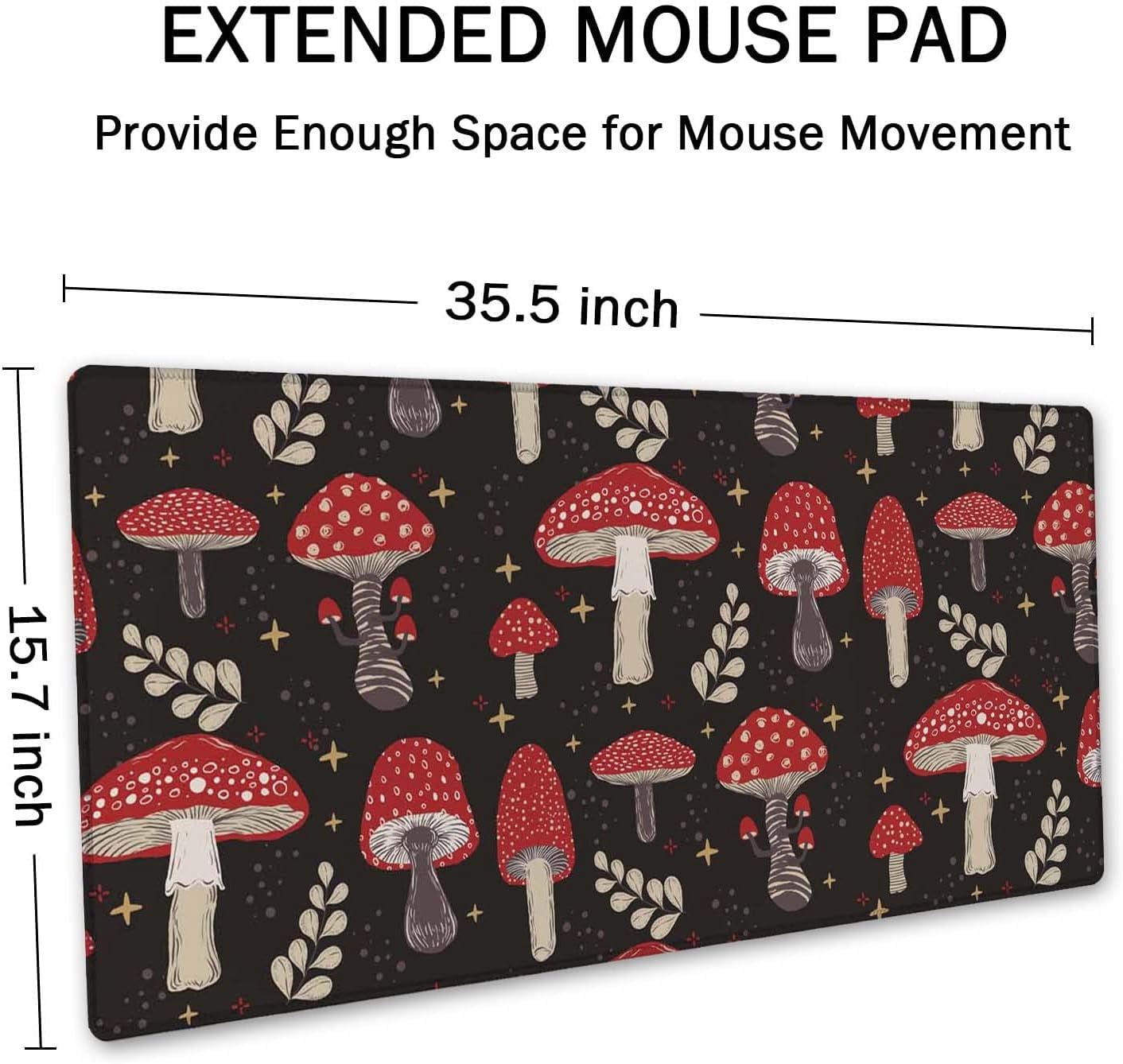 Cute Mushroom Pattern Desk Mat, Extended Mouse Pad, Large Gaming Mouse Pad 35.5" X 15.7", Waterproof Desk Mat Stitched Edges, Non-Slip Laptop Computer Keyboard Mousepad for Office and Home