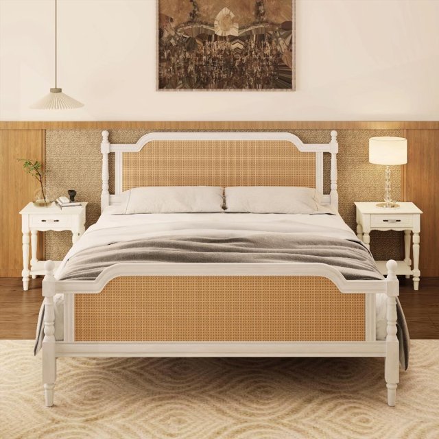 Elegant Pine & Rattan Polyester Bed: Natural Rattan Frame in 2 Sizes & 2 Colors
