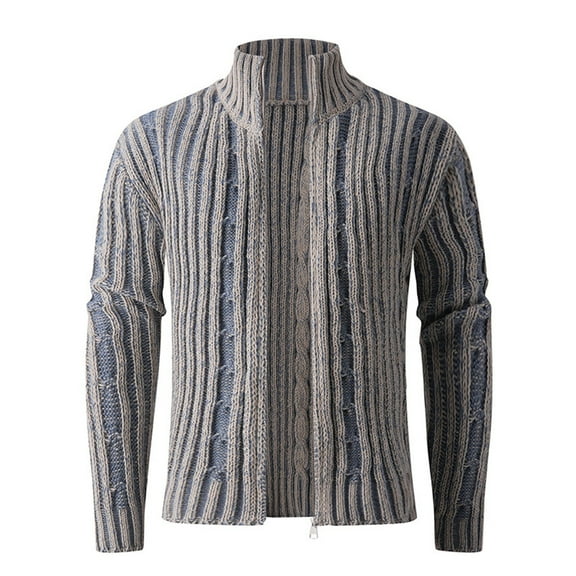 Mens Shawl Collar Full Zip Cardigan Sweater Cable Knit Button Down Sweaters Long Sleeve Casual Winter Outwear Ribbed Knitted Winter Sweaters (Blue,Large)