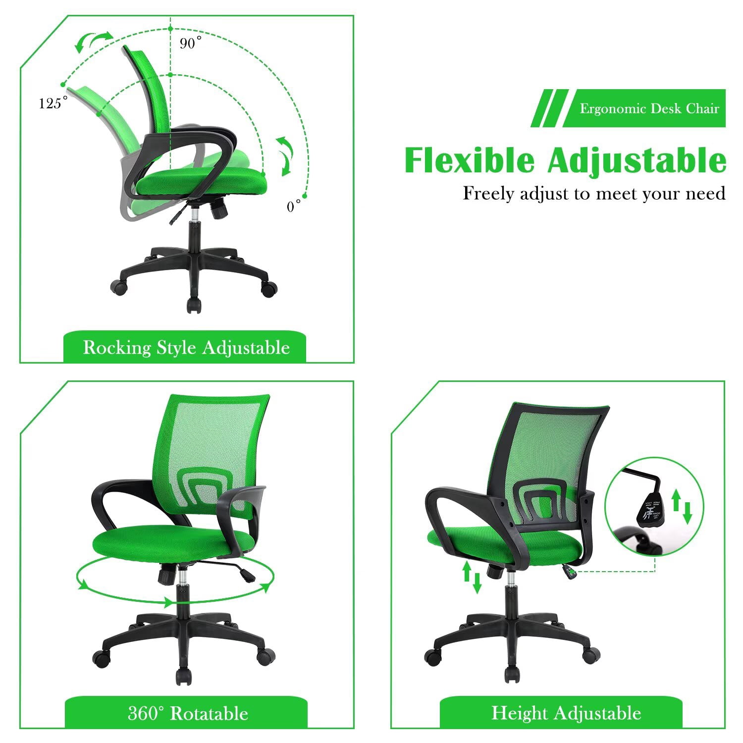 YRLLENSDAN,Ergonomic Office Chair,Home Office Desk Chairs,Swivel Desk Chair,with Handrails,Adjustable Height,Suitable for Offices and Bedrooms,Green