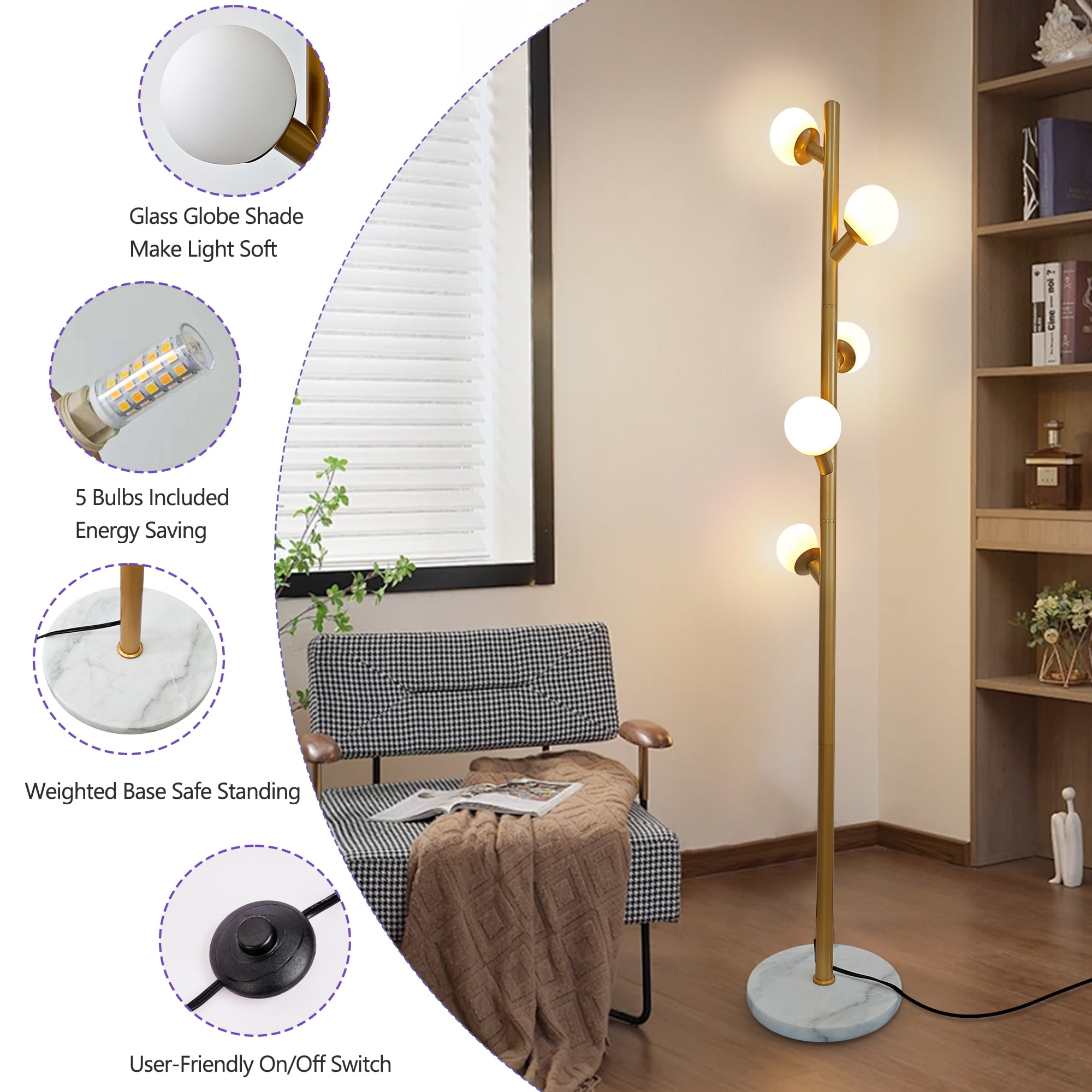 GCGAFUL 5 Glass Globe Floor Lamp for Living Room, Modern Gold Tree-Style Standing Lamp with  Weighted Base, 3000K Warm Soft Light for Bedroom Office