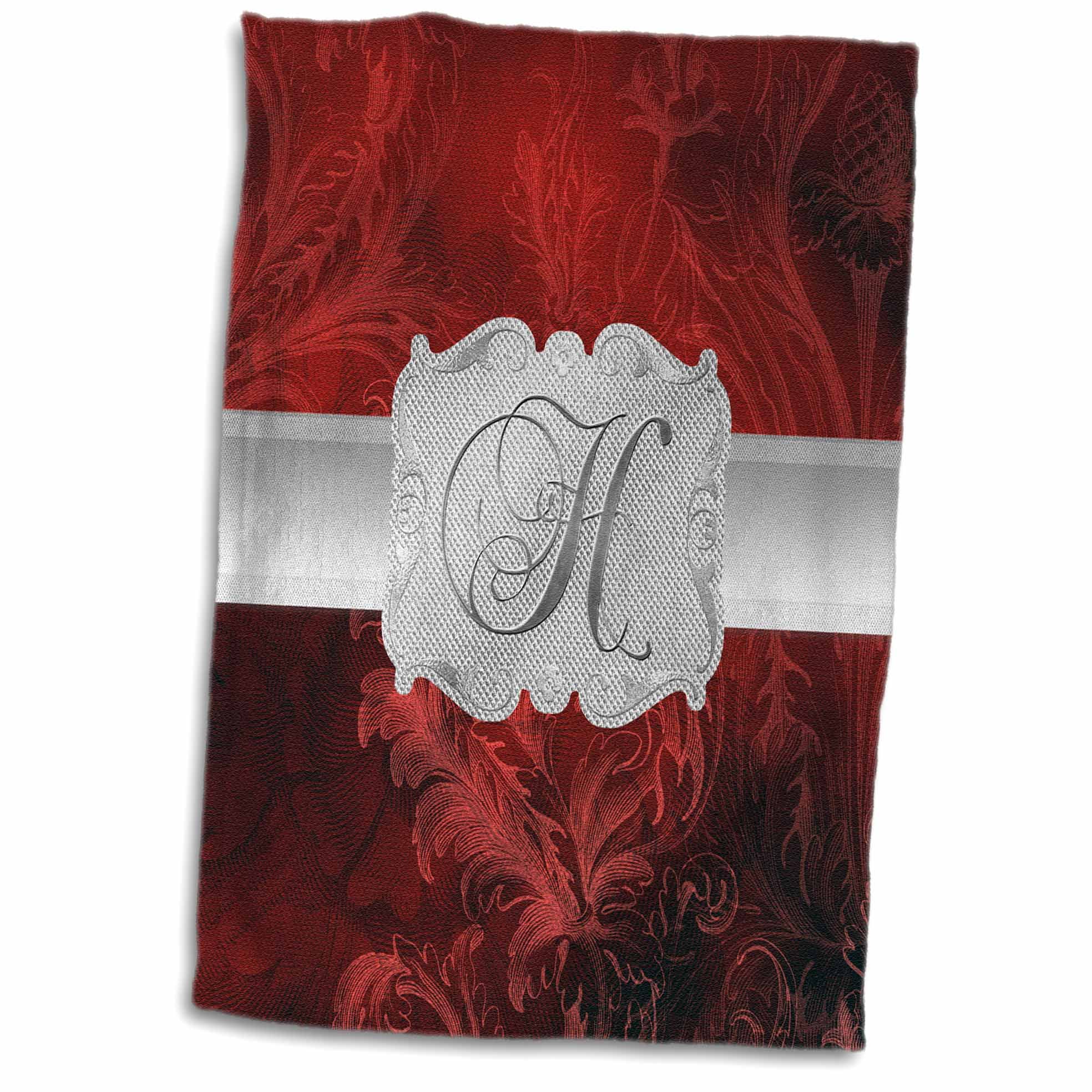 3dRose Letter H Lavish Red Leaf Print with Silver Frame Towel 15 x 22 