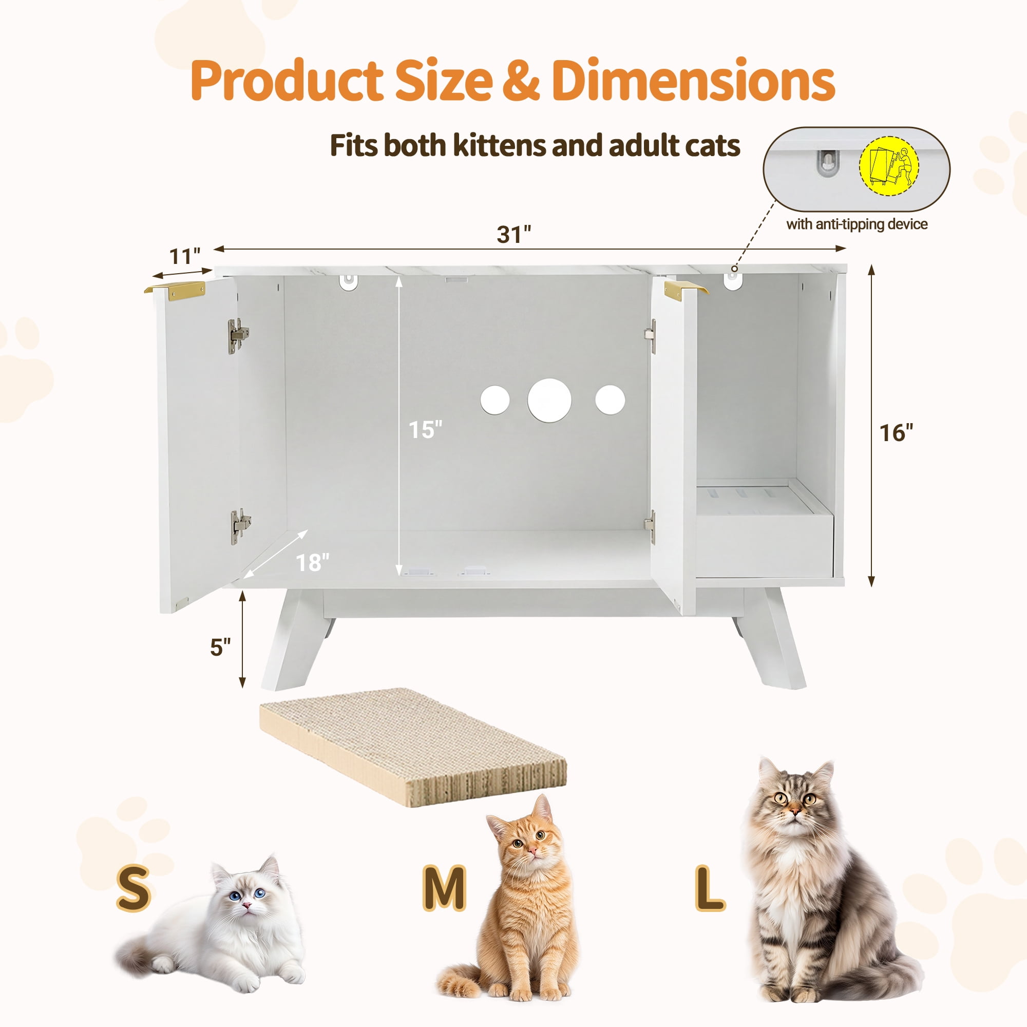 YDN Home Cat Litter Box Enclosure - 31.5 inch Wood Hidden Cat Litter Box Furniture for 2 Cats, Indoors Cats Washroom Cabinet Side Table with Scratching Pad for Living Room & Bedroom,White