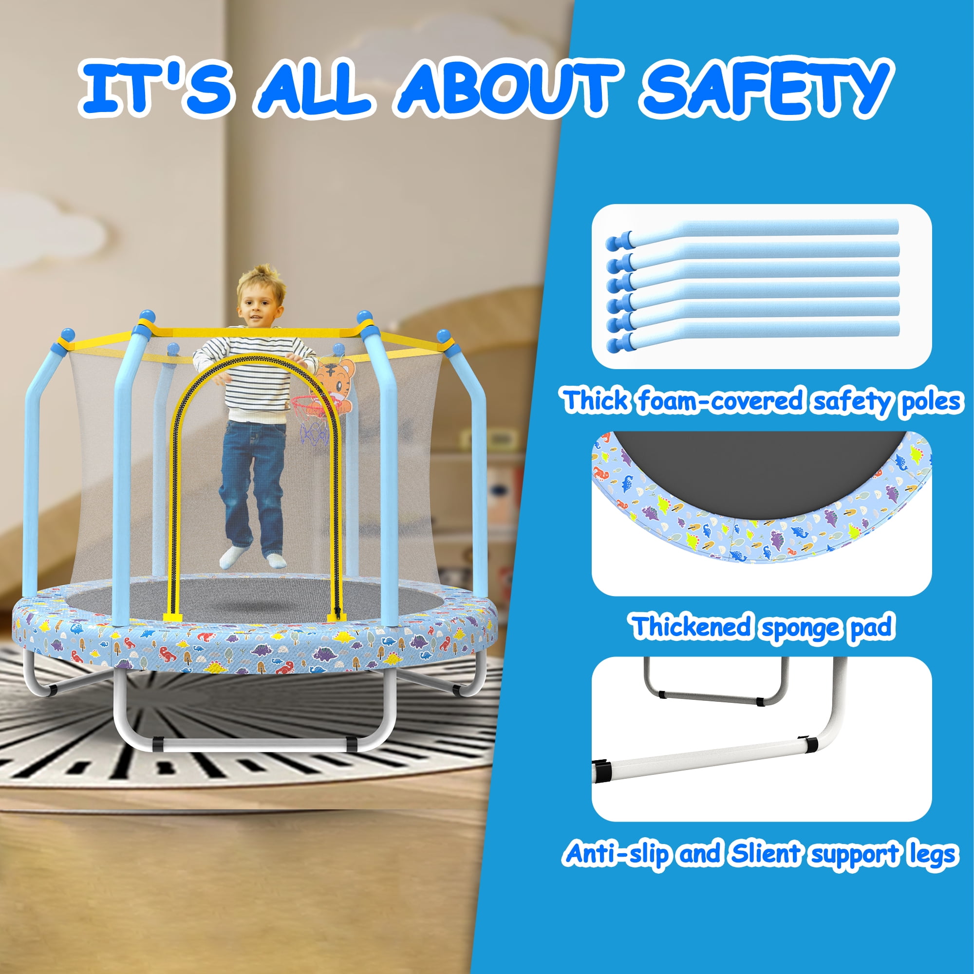 55 Inch Printed Blue Kids Trampoline with Basketball Hoop, Indoor Outdoor Toddler Trampoline