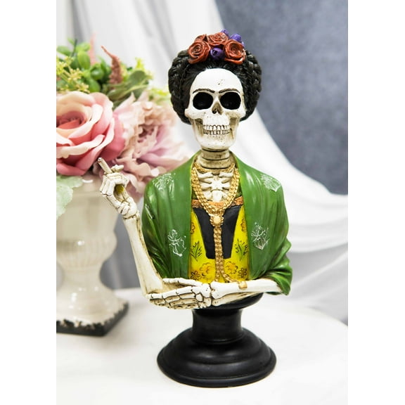 Mexican Painter Smoking Lady Frieda Skeleton Portrait Bust Day Of Dead Statue