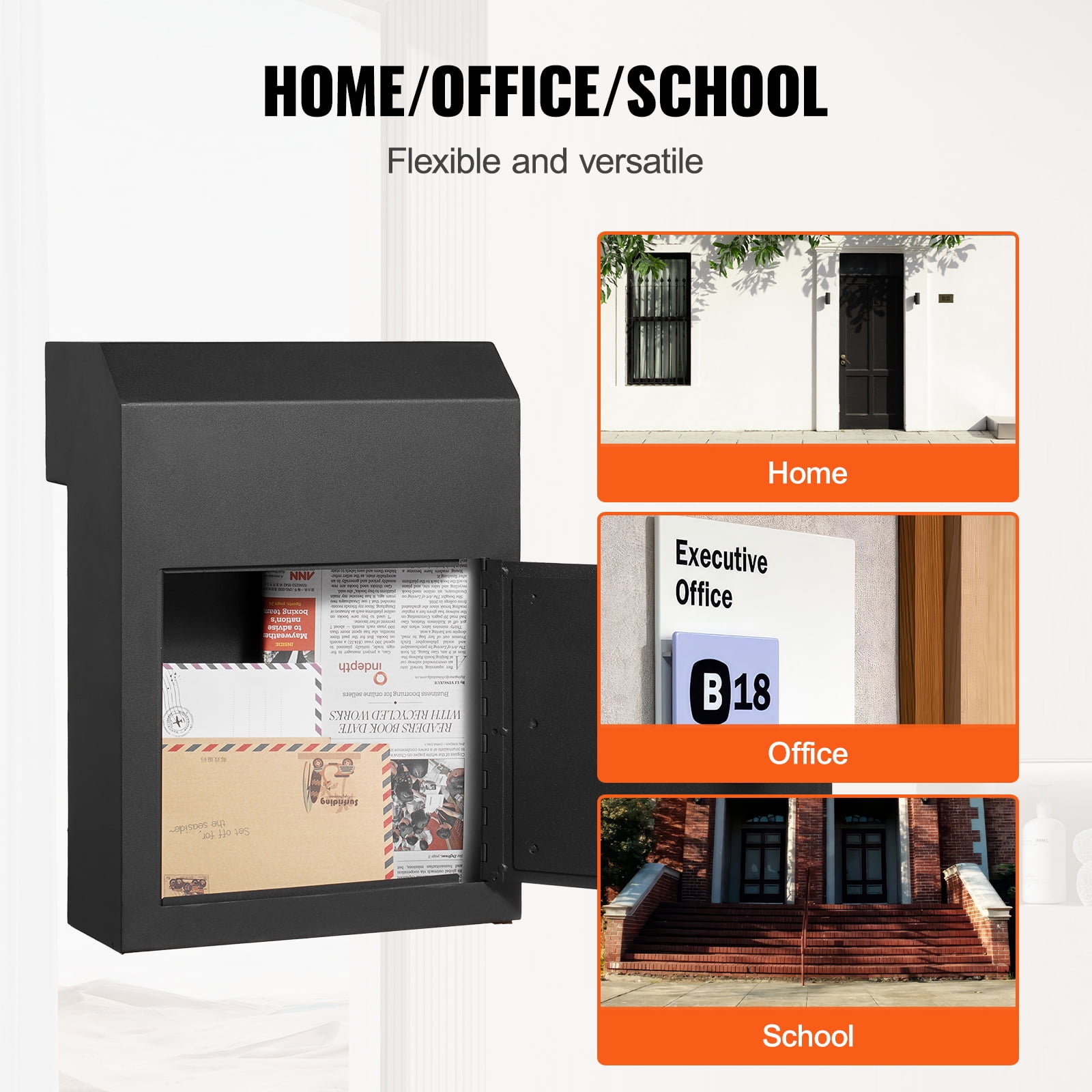 KFFKFF Heavy-Duty Steel Through-Door Mailbox with Key Lock, 12x6x16" Secure Drop Box, Black