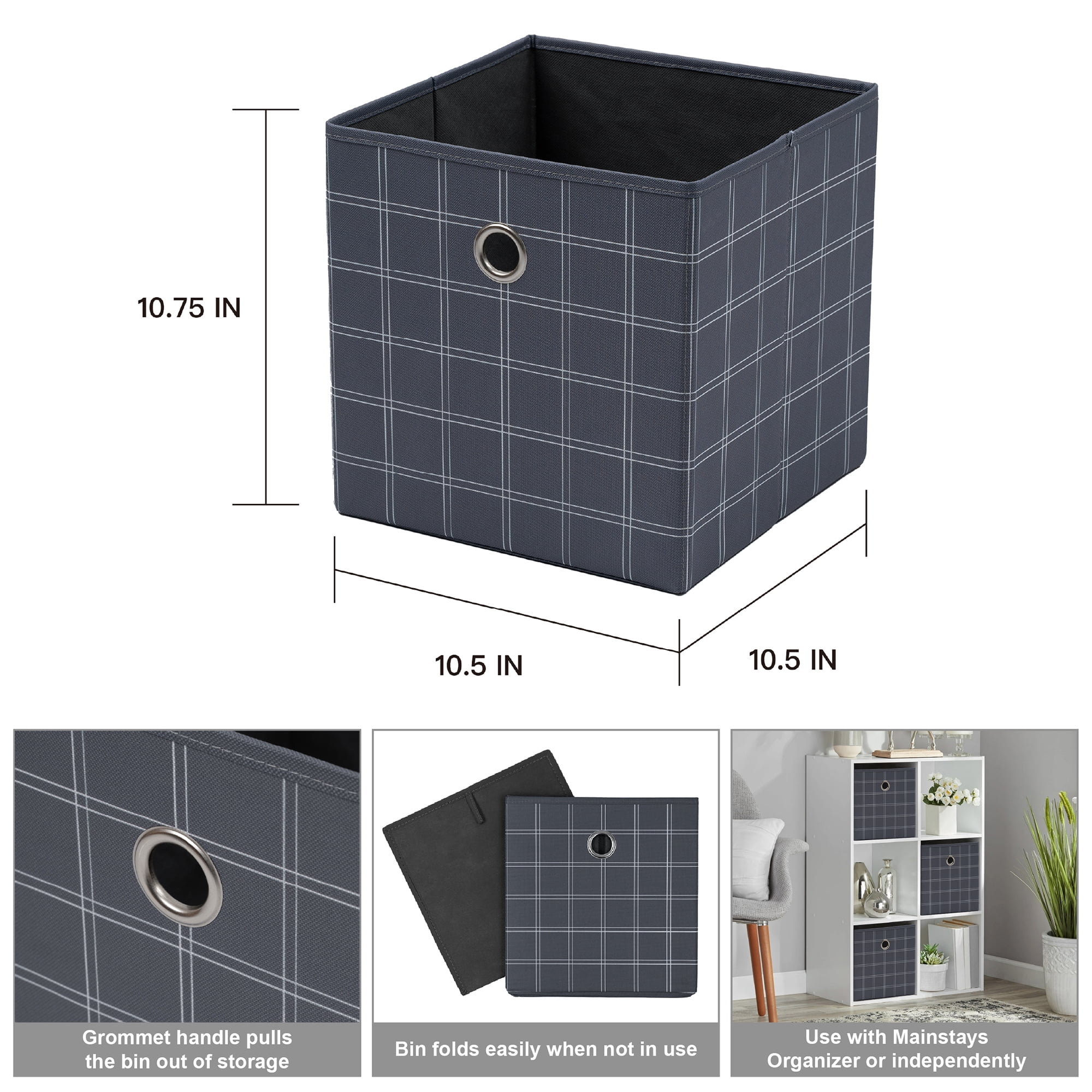 (2 pack) Mainstays Collapsible Fabric Cube Storage Bin, Gray Windowpane, 10.5 in x 10.5 in x 10.75 in