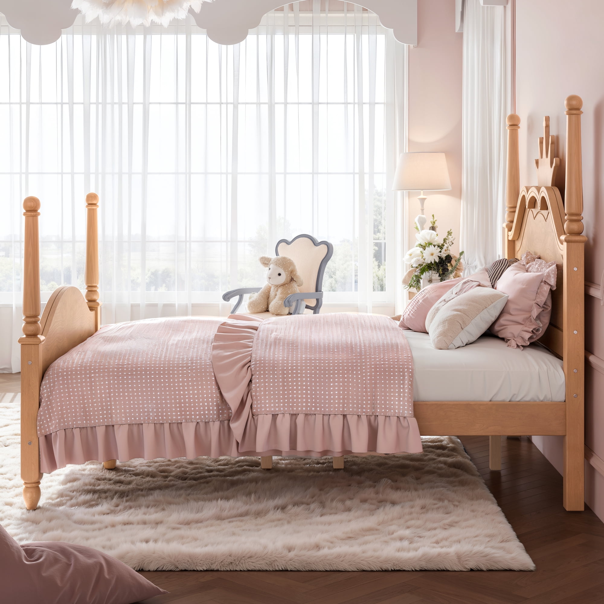 GARITIN Full Size Crown Shaped Platform Bed, Four Poster Wooden Bed Frame, Elegant Curved Headboard Bed Frame for Bedroom Guest Room, Natural