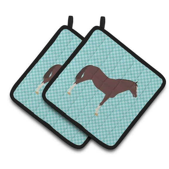 Caroline's Treasures English Thoroughbred Horse Blue Check Pair of Pot Holders