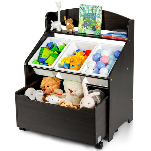 Costway Kids Wooden Toy Storage Unit Organizer w/Rolling Toy Box