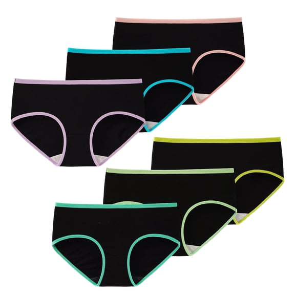 INNERSY Teen Girls Underwear Cotton Briefs Black Girls Panties 6 Pack (10-12 Years,Black With Neon Hem)