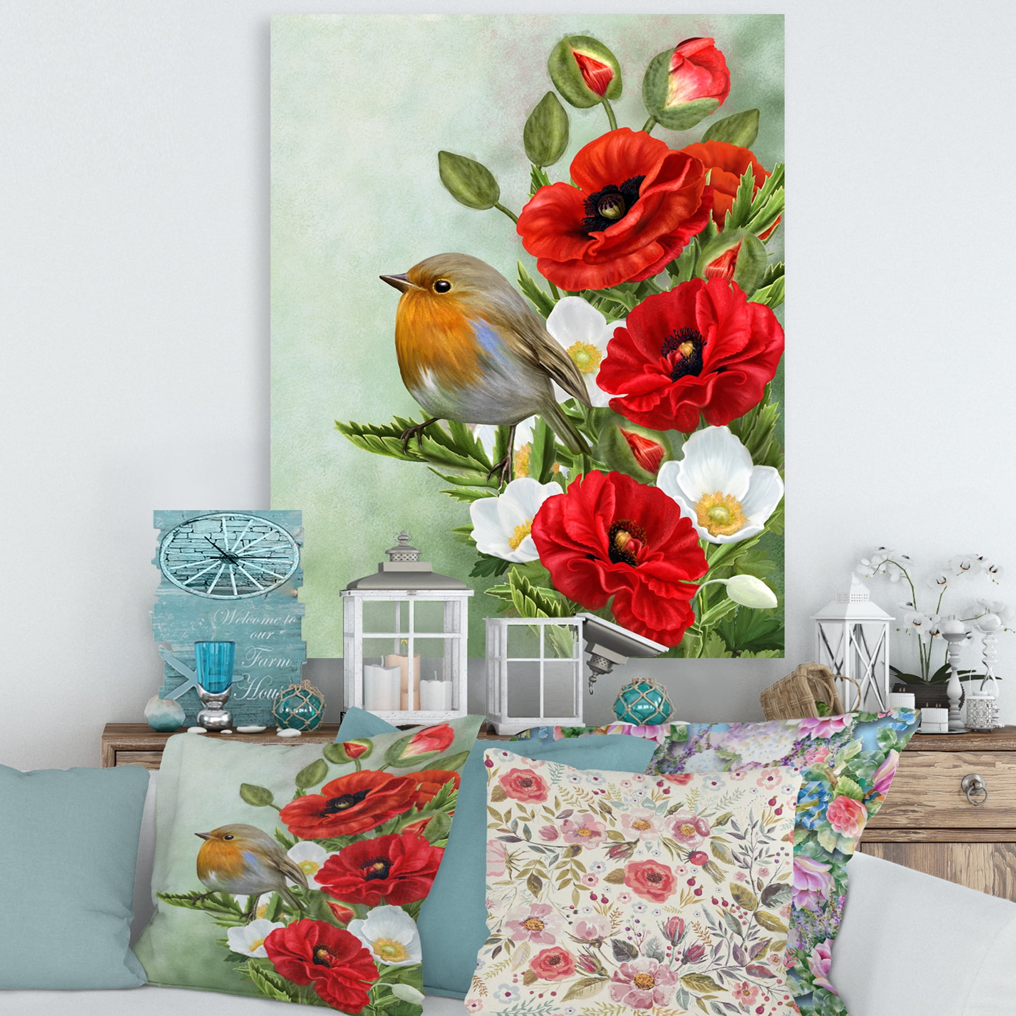 Designart ' Red Poppies and White Anemones With Yellow Bird ' Traditional Canvas Wall Art Print