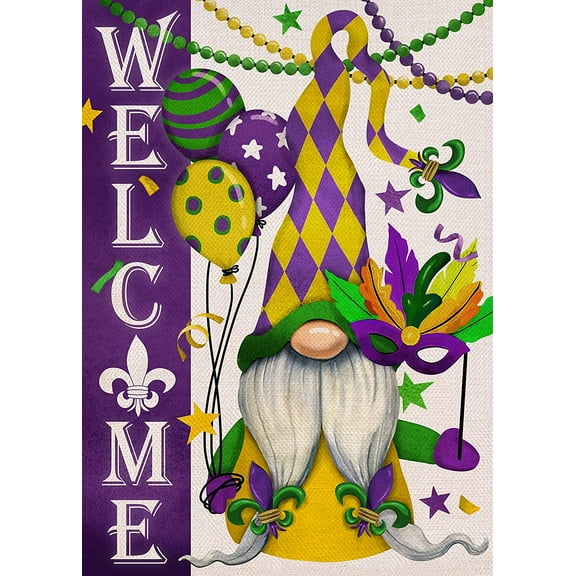 Sonernt Welcome Mardi Gras Gnome Garden Flag, Carnival Purple Yellow Green Yard Outside Decorations 12x18 Inch