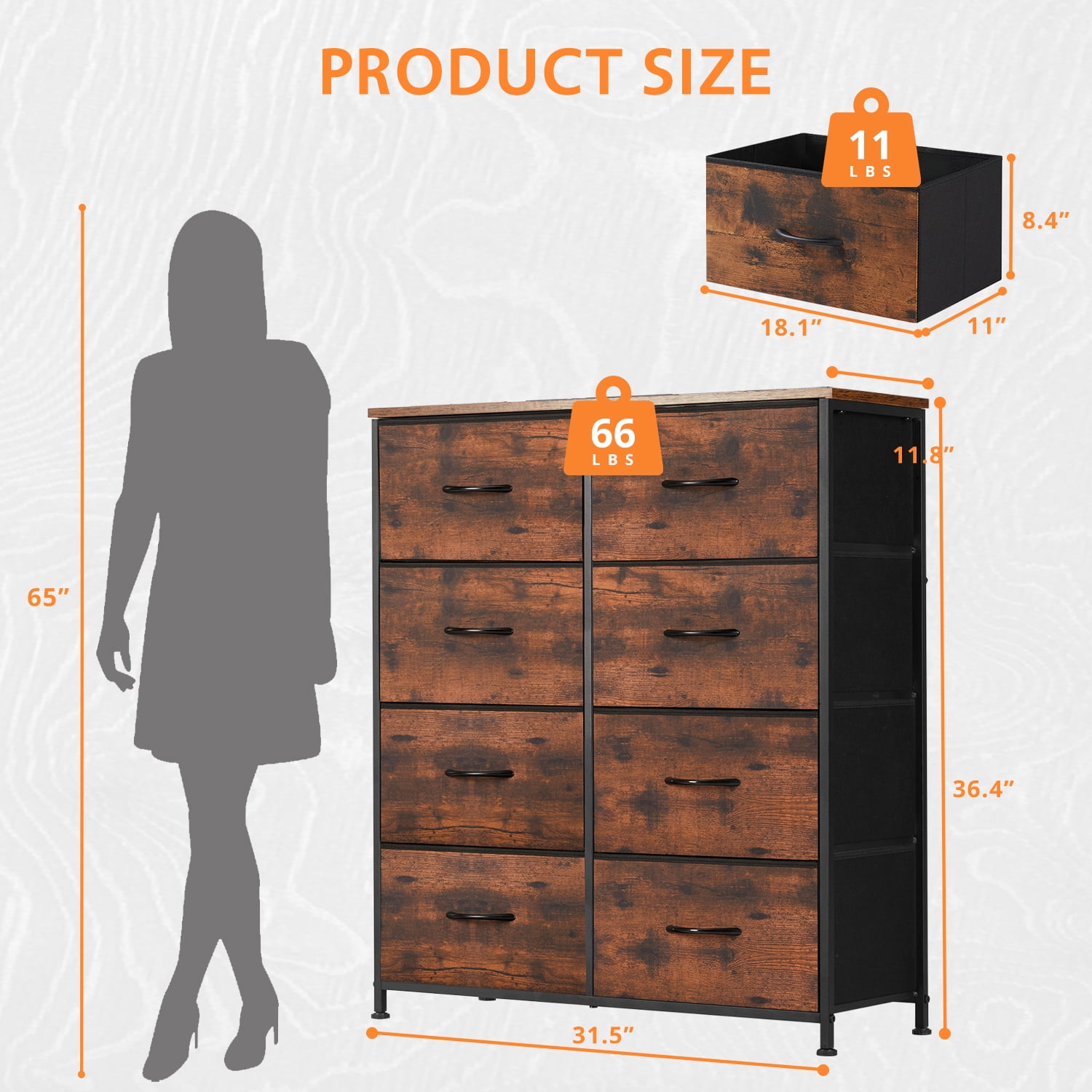 Modern 8 Drawer Fabric Dresser, Chest of Drawer Organizer Storage Cabinet for Bedroom Clothes Closet, Entryway,Brown