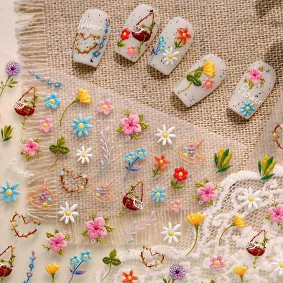 Flower Nail Art Stickers Colorful Floral Nail Stickers Leaf Plant with Design 5D Embossed Self Adhesive Nails Decals Charms for Women Manicure Decoration Accessories 1 Sheets