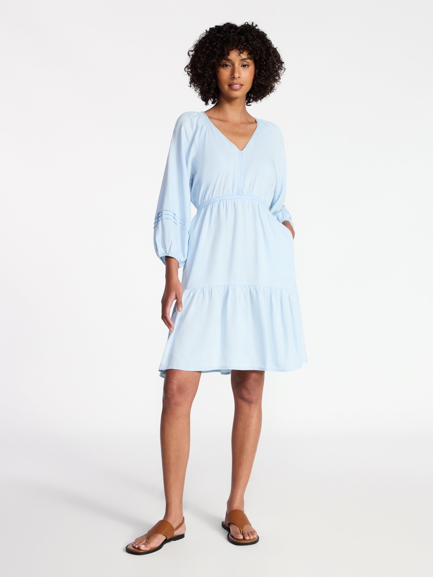 Time and Tru Women's Tiered Mini Dress with ¾ Sleeves, Sizes XS-XXXL