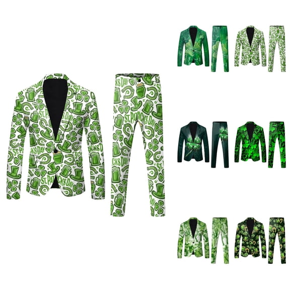 Men's St. Patrick's Day Printed Lapel Button Suit with Pants, Jacket & Tie - Shamrock Green Party